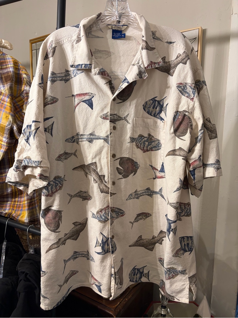 Ruff Hewn Cream Short-Sleeve Button-Up Shirt with Fish Print
